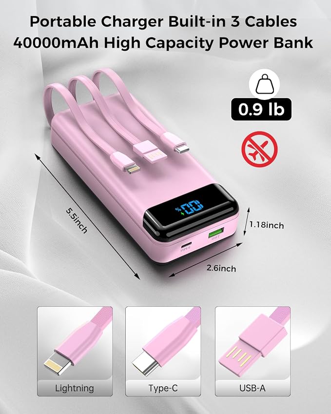 Portable Charger 40000mAh Power Bank, PD 22.5W Fast Charging | Built-in Cable, 4 Output 3 Input, Digital Display, Compatible with iPhone 17 16 15 14 13 Android