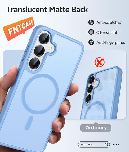 FNTCASE for Samsung Galaxy S25/S24 Plus Case, Fit Magsafe, Screen Protector | Translucent Matte Magnetic Back, 14FT Military Grade Drop Protection, Shockproof Protective Phone Cover, Light Blue