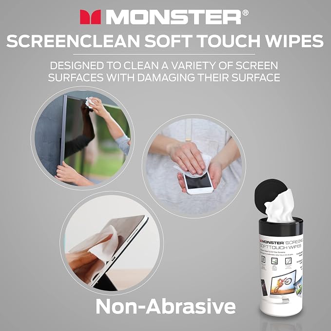 Monster Screen Cleaner Kit, 60 mL, Microfiber Cloth, White/Black/Red, Water Resistant, for TVs, Laptops, Tablets, Smartphones, Car Touch Screens, Eyeglasses