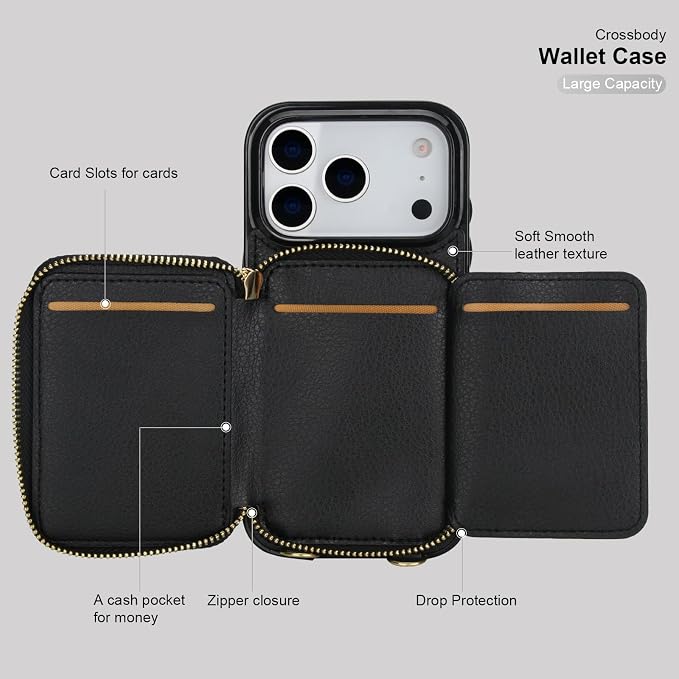 Bocasal Crossbody Wallet Case for iPhone 17 Pro, RFID Blocking PU Leather Zipper Handbag Purse Flip Cover, Kickstand Folio Case with Card Slots Holder Wrist Strap Lanyard 5G 6.3 Inch (Black)