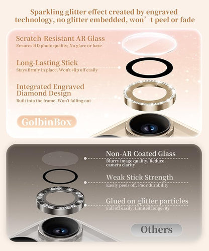 GolbinBox Camera Lens Protector for iPhone 13 Pro/13 Pro Max, 1:1 Invisible Fit, 9H Tempered Glass Ultra HD Metal Individual Camera Cover for Women, Case Friendly, Bling/Gold