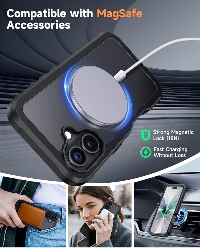 seacosmo for iPhone 17 Case, Full Body Bumper with Built-in 9H Tempered Glass Screen and Camera Lens Protector, Compatible with MagSafe, Shockproof 17 Phone Case, 6.3", Black