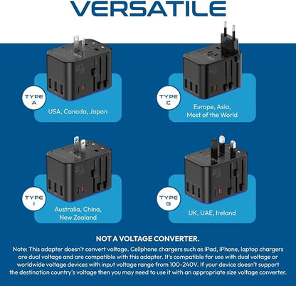 Ceptics Universal Travel Adapter, 45W International Power Adapter with PD & QC 3.0 Dual USB-C, 3 USB Travel Adapter Worldwide, Type I C G A Outlets - EU Euro US UK (11-KU)