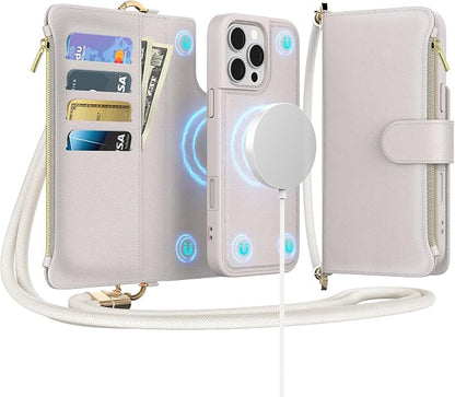 for iPhone 16 Pro(6.3 inches) Detachable Wallet Case with Crossbody.Multi-Function 2 in 1 Magnetic Wallet Case with Card Holder.Flip Strap Zipper Phone Case with Shoulder Straps