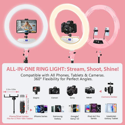 Ring Light with Stand 22inch Kit: Professional Ring Light Overhead Tripod for iPhone ipad, LCD Display/2 USB Ports for Makeup Barber Tattoo Lash Extension Video Photography Lighting (Pink)