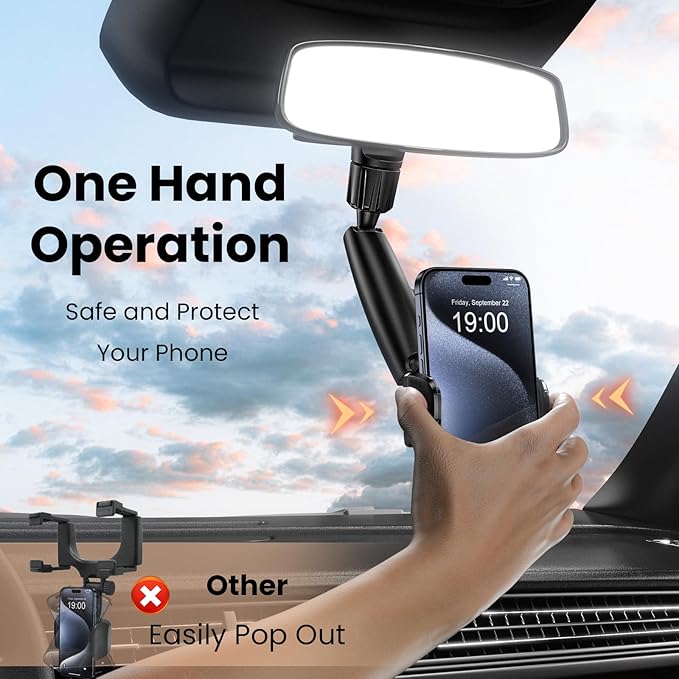 Rear View Mirror Phone Holder, 360° Rotating Car Phone Holder Mount Compatible with All 4-7 Inch iPhone and Android Cell Phones (Blue)
