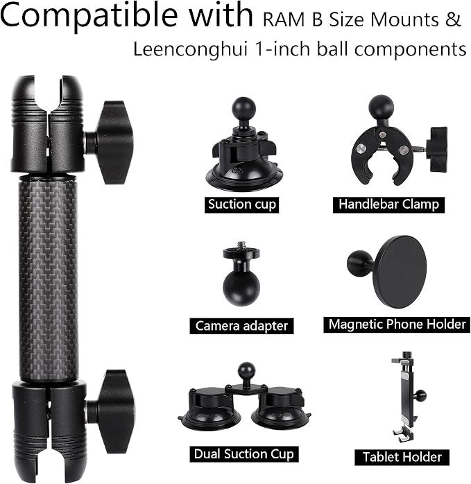 Carbon Fiber Expansion（5.9"/15cm） Double Socket Arm for 1"/25mm Ball Powerful Clamp，Compatible with RAM B Size Ball Mount