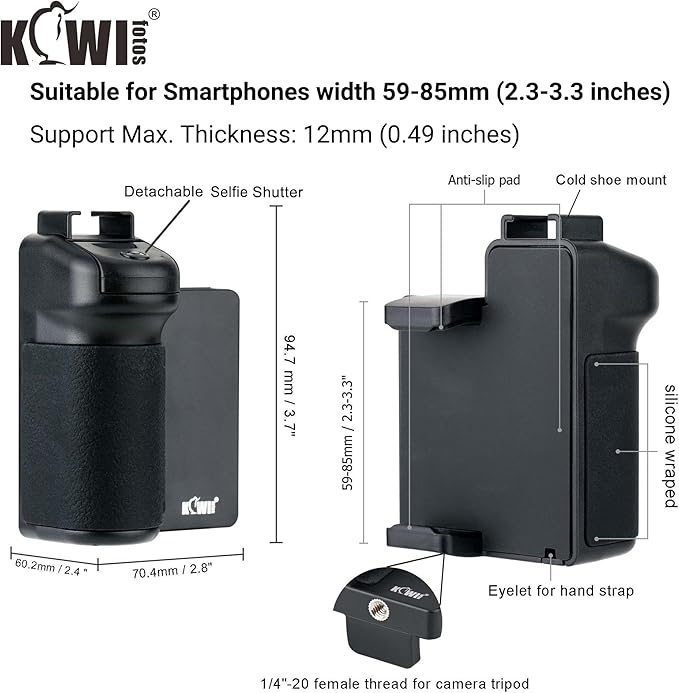 KIWIFOTOS Phone Camera Grip Handle Holder Phone Tripod Mount with Remote Shutter & Cold Shoe Adapter for iPhone 17 16 15 14 Pro Max Samsung Smartphone Selfie Vlog Video Shooting