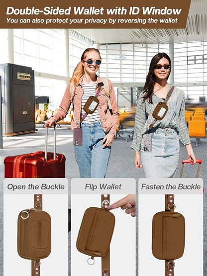 Clip and Go Strap for Phone with Wallet Crossbody Phone Lanyard Adjustable and Detachable RFID Wristlet Wallet with ID Window and Zipper, Brown Large