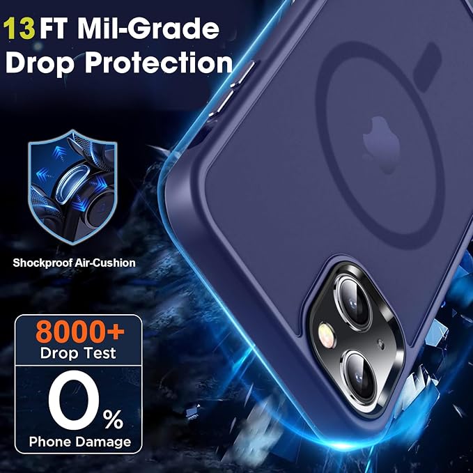 MOCCA Strong Magnetic for iPhone 13 Case, [Compatible with Magsafe][Screen Protector+Camera Lens Protector] Translucent Matte Back Slim Shockproof Case for iPhone 13 Phone Case 6.1", Deep Blue