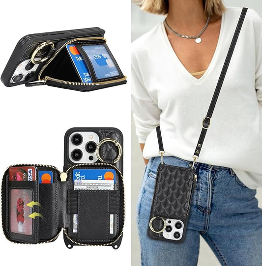 Crossbody Wallet Case for iPhone 14 Pro, PU Leather Zipper Handbag Purse Flip Cover, Kickstand Folio Case with Card Slots Holder Wrist Strap Lanyard 5G 6.1 Inch-Black