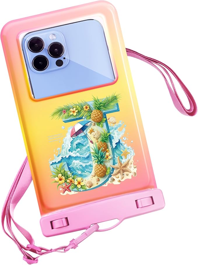 Personalized Initial Waterproof Phone Pouch Case - IPX8 Cellphone Dry Bag with Lanyard for iPhone 16/15/14/13/12 Pro Max (6.1–6.9"), Beach & Cruise Ship Essentials with Monogrammed Design (Pink, J)
