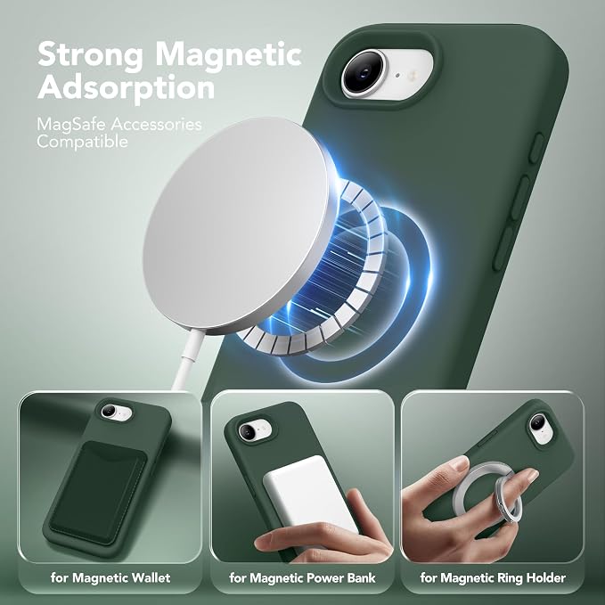 Magnetic for iPhone 17e/iPhone 16e Case, Compatible with MagSafe, [Soft Anti-Scratch Microfiber Lining] Slim Silicone Shockproof Protective Phone Case for iPhone 17e/16e 6.1", Alpine Green