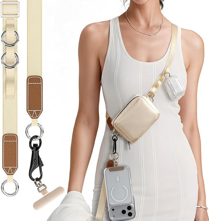 Phone Lanyard Crossbody for Women, Clip and Go Adjustable Phone Strap Crossbody with Detachable Pouch for Daily Carry, Beige