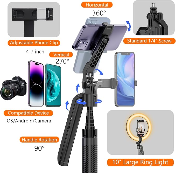Auto Face Tracking Self Stick Tripod for iPhone with 10" Ring Light Hands-Free 360°Adjustable 70.9 Inch Smart Phone Stand with Remote for Content Creator Vlog Video Recording