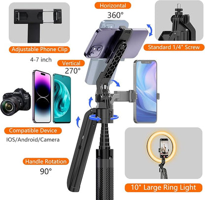 Auto Face Tracking Self Stick Tripod for iPhone with 10" Ring Light Hands-Free 360°Adjustable 70.9 Inch Smart Phone Stand with Remote for Content Creator Vlog Video Recording