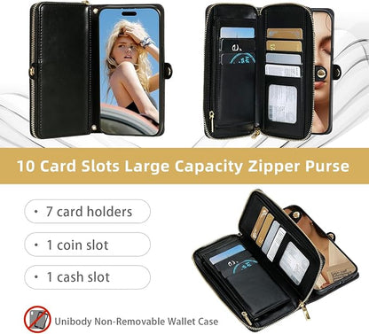 Rssviss Crossbody Case for iPhone 16 Pro, RFID Blocking Leather Case Wallet with Kickstand, Zipper Flip Cover with Wrist Strap, Black