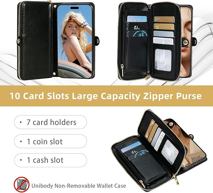 Rssviss Crossbody Case for iPhone 16 Pro Max Case Wallet, RFID Blocking Leather with Card Holder Kickstand, Handbag Zipper Flip Cover with Wrist Strap for iPhone 16 Pro Max Men Women 6.9", Black