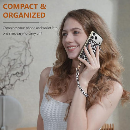 Keallce Wallet Case for iPhone 17 Pro Max 6.9", Crossbody Zipper Purse with Wristlet Strap, 4 Card Slots with RFID Blocking and Kickstand, Electroplated Leather Case for Women (White Leopard Print)
