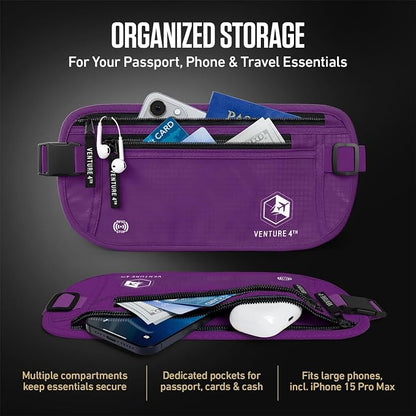 VENTURE 4TH Money Belt for Travel – Hidden Under-Clothes RFID Blocking Passport Holder & Slim Travel Wallet Pouch for Men & Women to Protect Cash, Cards & Documents (Purple)