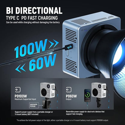 NEEWER HB80C 80W RGBWW LED Video Light with 72Wh Battery & 100W PD Fast Charging, 10400lux/m Brightness, 2500K-7500K CCT, 18 Lighting Effects, Bowens Spotlight for Studio Photography & Video Recording