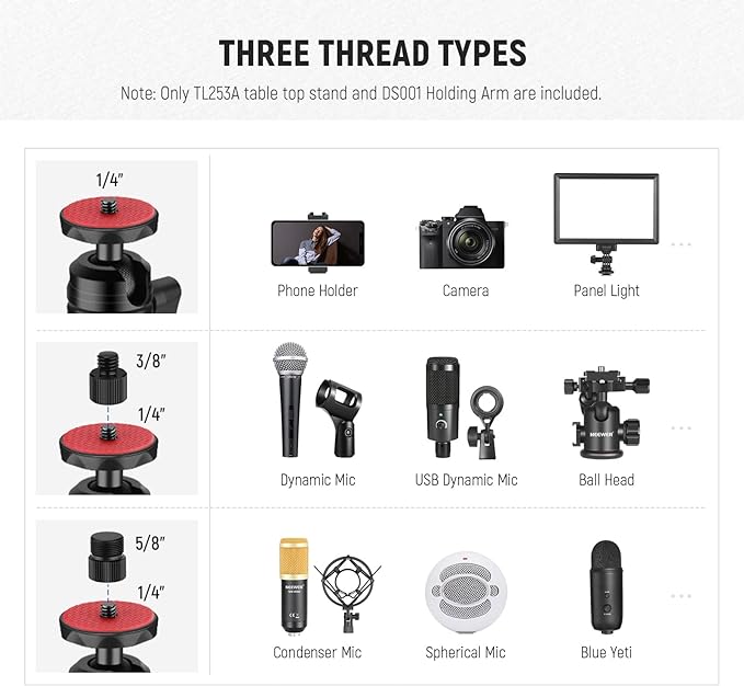 NEEWER TL253A+DS001 Table Camera Tripod with 2 Telescopic Arms, Phone Holder, Ball Heads, Screw Adapter, Table Light Stand for Camera, Mobile Phone, Webcam, Ring Light