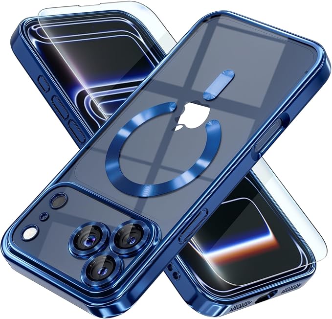 Misea Magnetic for iPhone 17 Pro Case Compatible with MagSafe [Never Yellowing] [Military Grade Drop Protection] Full Camera Lens Protector Plating Soft Clear Phone Case for Women, Deep Blue
