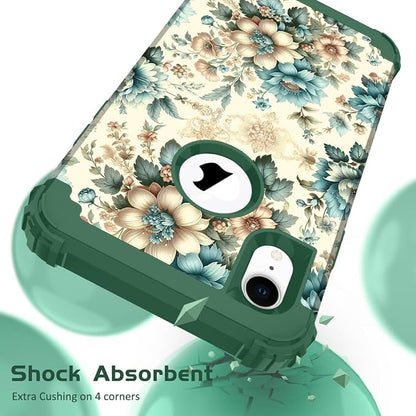Hocase for iPhone XR Case, Heavy Duty Shockproof Protection Soft Silicone Rubber+Hard Plastic Bumper Hybrid Dual Layer Protective Case for iPhone XR (6.1" Display) 2018 - Teal Blue Flowers