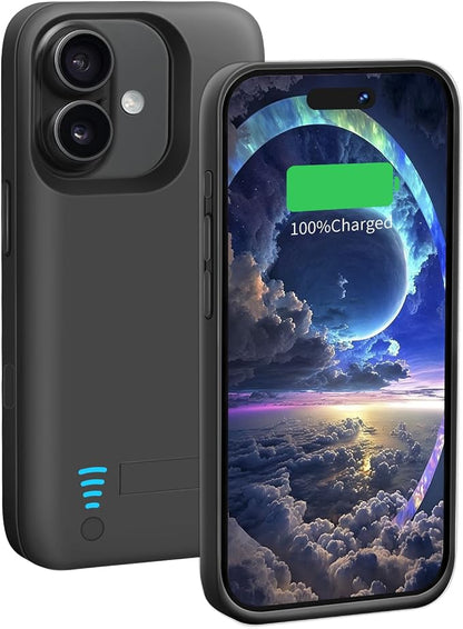 Battery Case for iPhone 16 Plus, 6000mAh Rechargeable Extended Battery Charging/Charger Case, Add 100% Extra Juice (6.7 Inches) Black