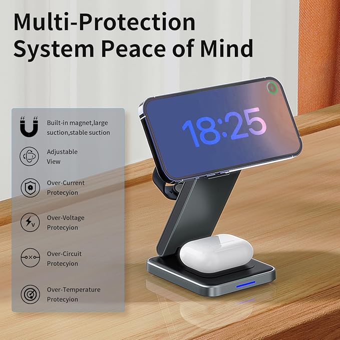 3 in 1 Magnetic Wireless Charger Station for iPhone 17/16/15/14/13/12 Series Mag-Safe Charging Station for Apple Watch Series 11-2/Ultra2/1/SE Foldable Wireless Charger for AirPods 4 3 2 1 Pro