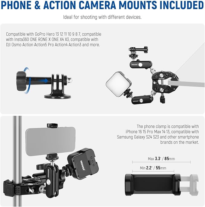 NEEWER Heavy Duty Super Clamp with Two 360° Dual Ball Head Magic Arms, 1/4" 3/8" Screw Threads, Phone & Action Camera Mount Adapter for Flat/Round Surface Compatible with GoPro DJI Insta360 DSLR