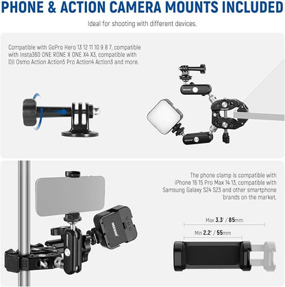 NEEWER Heavy Duty Super Clamp with Two 360° Dual Ball Head Magic Arms, 1/4" 3/8" Screw Threads, Phone & Action Camera Mount Adapter for Flat/Round Surface Compatible with GoPro DJI Insta360 DSLR
