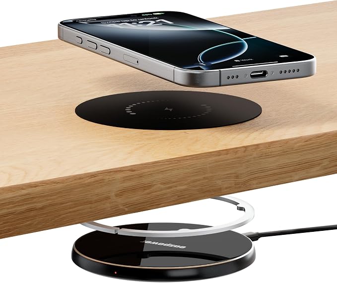 Invisible Wireless Charger, 0-30mm Under Desk Wireless Charger, Dual Uses On or Hidden Under Table Charging Pad for Nightstand for iPhone 17/17 Pro/17 Pro Max/17 Air/16/15/14/Samsung Phone