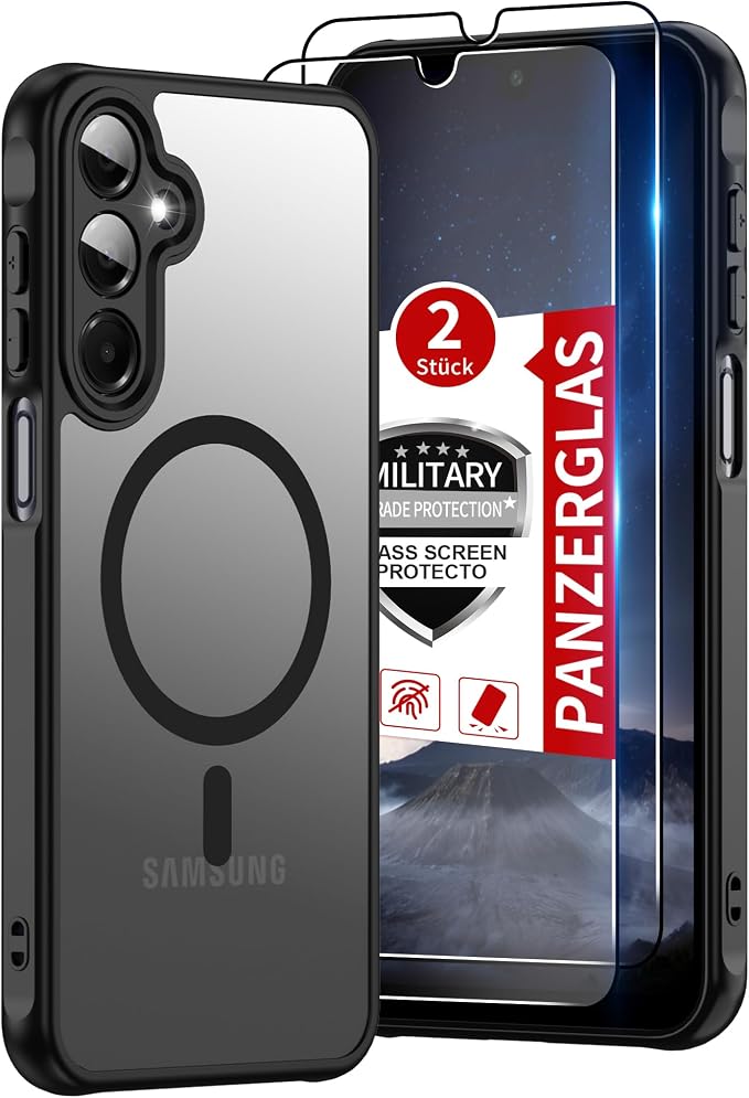 For Samsung Galaxy A16 5G Phone Case:A16 Case [Compatible with Magsafe] with 2PC Tempered Glass Screen Protector,Camera Bump Protection,Slim Frosted Translucent Soft-Touch for Galaxy A16,Matte black