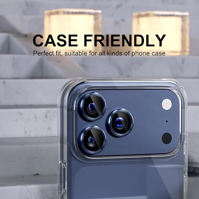 Choiche Compatible for iPhone 17 Pro/iPhone 17 Pro Max Camera Lens Protector, 9H Tempered Glass Camera Cover Screen Protector Metal Ring Decoration Accessories (Blue)