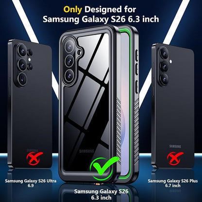SPIDERCASE Designed for Samsung Galaxy S26 Case Waterproof,Built-in Screen & Camera Lens Protector[IP68 Underwater] [Military Grade Shockproof] Full Body Protection Phone Case,Green/Clear