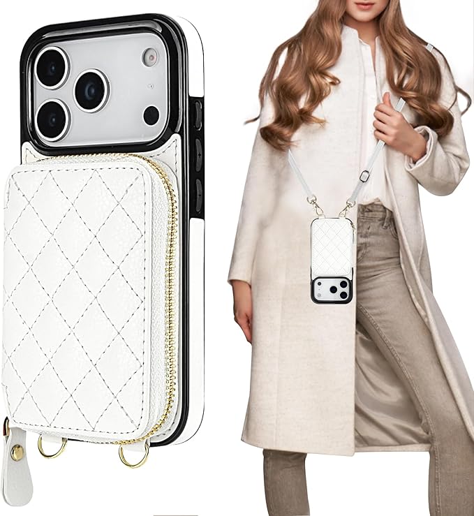 Bocasal Crossbody Wallet Case for iPhone 17 Pro, RFID Blocking PU Leather Zipper Handbag Purse Flip Cover, Kickstand Folio Case with Card Slots Holder Wrist Strap Lanyard 5G 6.3 Inch (White)