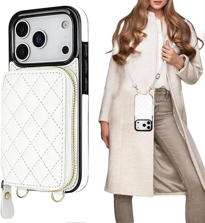 Bocasal Crossbody Wallet Case for iPhone 17 Pro, RFID Blocking PU Leather Zipper Handbag Purse Flip Cover, Kickstand Folio Case with Card Slots Holder Wrist Strap Lanyard 5G 6.3 Inch (White)
