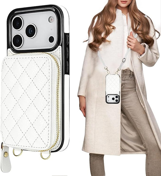 Bocasal Crossbody Wallet Case for iPhone 17 Pro, RFID Blocking PU Leather Zipper Handbag Purse Flip Cover, Kickstand Folio Case with Card Slots Holder Wrist Strap Lanyard 5G 6.3 Inch (White)