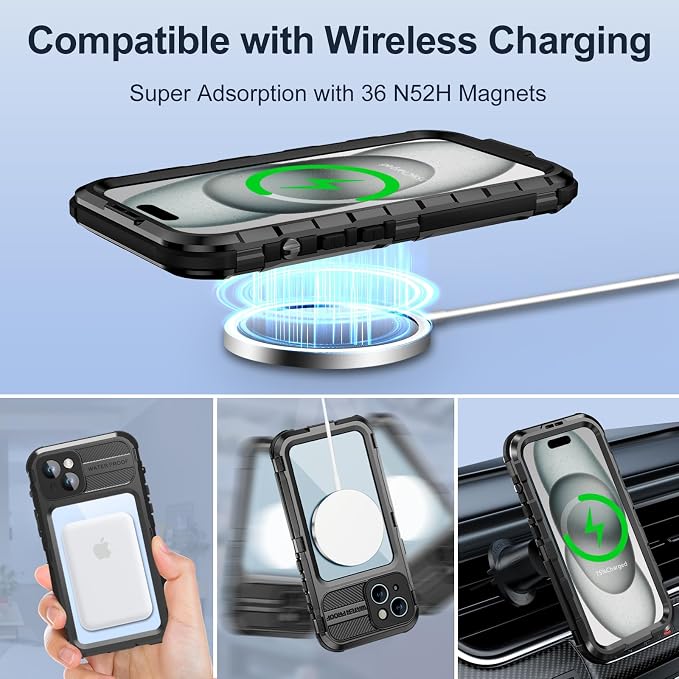 WIFORT for iPhone 15 Plus Waterproof Case - Built-in [Screen Protector][IP68 Water Proof][14FT Military Grade Shockproof], Rugged Metal Full Body Aluminum Protective Drop Protection Cover, 6.7" Black
