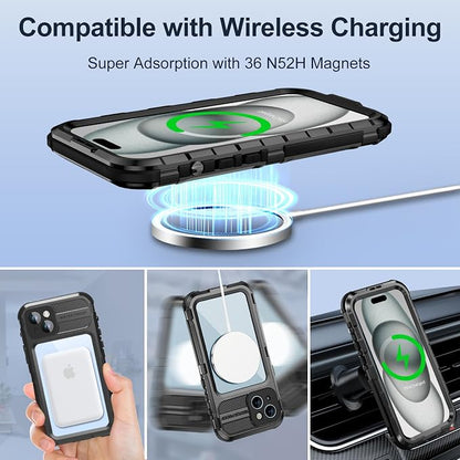 WIFORT for iPhone 15 Plus Waterproof Case - Built-in [Screen Protector][IP68 Water Proof][14FT Military Grade Shockproof], Rugged Metal Full Body Aluminum Protective Drop Protection Cover, 6.7" Black