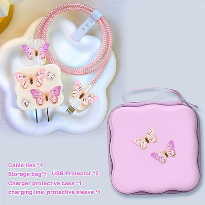 CameCosy Phone Charger Storage Case Cover Sets with Cable Protector for iPhone Charger, Wave Travel Storage Bag, Data Cord Saver Cute DIY Charging Protector Cable Organizer (Purple Butterfly)