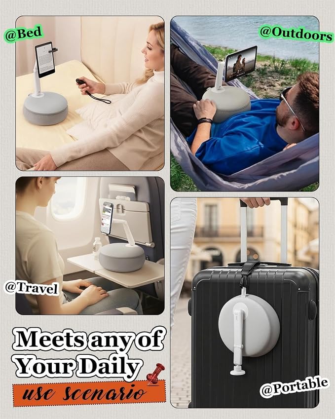 SAIJI Magnetic Cell Phone Stand for Bed-Mini Kindle Pillow Holder with Dual Axis Arm,Phone Holder with 2 Magnetic Sheets for Watching Video On Bed/Sofa/Lap,Fit for 4"-8.3" Device (Gray)