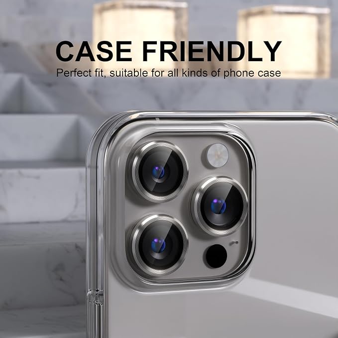 Choiche Compatible for iPhone 16 Pro/iPhone 16 Pro Max Camera Lens Protector, 9H Tempered Glass Camera Cover Screen Protector Metal Ring Decoration Accessories (Titanium Natural)