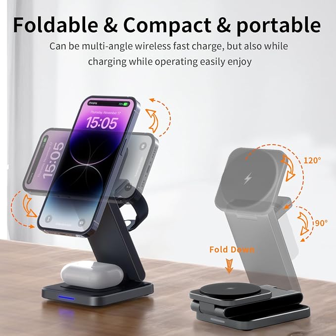 3 in 1 Magnetic Wireless Charger Station for iPhone 17/16/15/14/13/12 Series Mag-Safe Charging Station for Apple Watch Series 11-2/Ultra2/1/SE Foldable Wireless Charger for AirPods 4 3 2 1 Pro