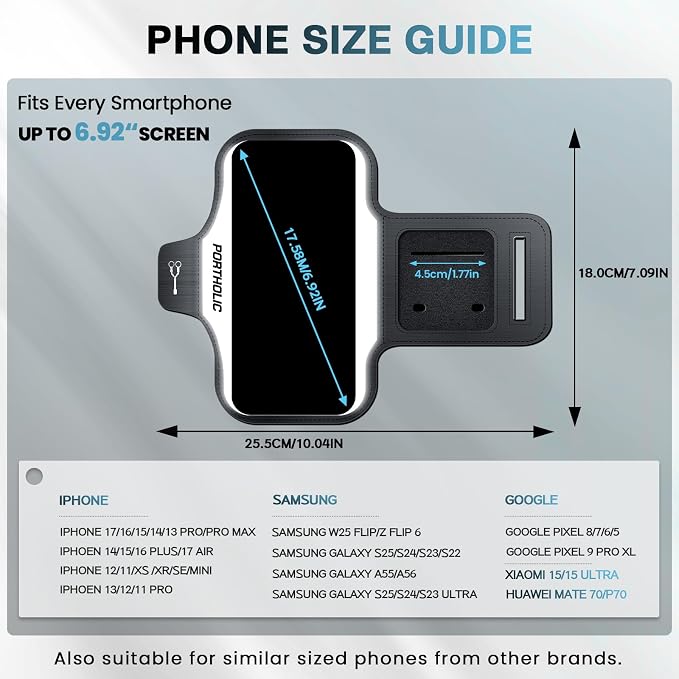 PORTHOLIC 2026 Running Armband Water Resistant Sports Phone Holder Case with Extension Strap,Card Slot Up to 6.9" Phone for iPhone 17/16/15/14/13 Plus Air Pro Max XR/XS, Galaxy S25/24/S10