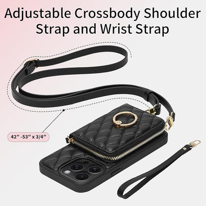 ZVE Compatible with iPhone 15 Pro Wallet Case for Women, PU Leather Shockproof Crossbody Phone Case with Card Holder for iPhone 15 Pro 6.1 Inch-Black