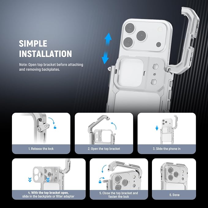 NEEWER Phone Cage Compatible with iPhone 17 Pro, Quick Release Video Rig Stabilizer Accessories with 67mm Filter Ring, 17mm Lens Backplate, T Mount Adapter, 4X Camera Control Cap, PA143 (Silver)