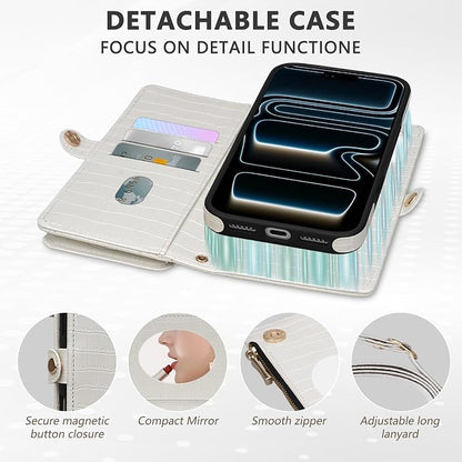 Crossbody Wallet Case for iPhone 17 Pro Max with Mirror, Wrist Strap, Detachable Zipper Purse, Magnetic Flip RFID Blocking Card Holder, Wireless Charging Case 6.9" Women (Textured White)