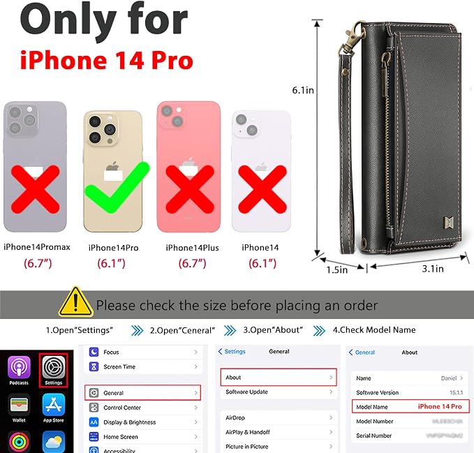 Wallet Case for iPhone 14 Pro with Card Holder/Crossbody Wallet/Strap| RFID Blocking | Magnetic | Kickstand | Detachable | PU Leather Phone Case for iPhone 14 Pro,6.1 in,Black